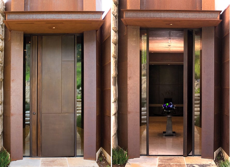 bronze clad pivot door entryway