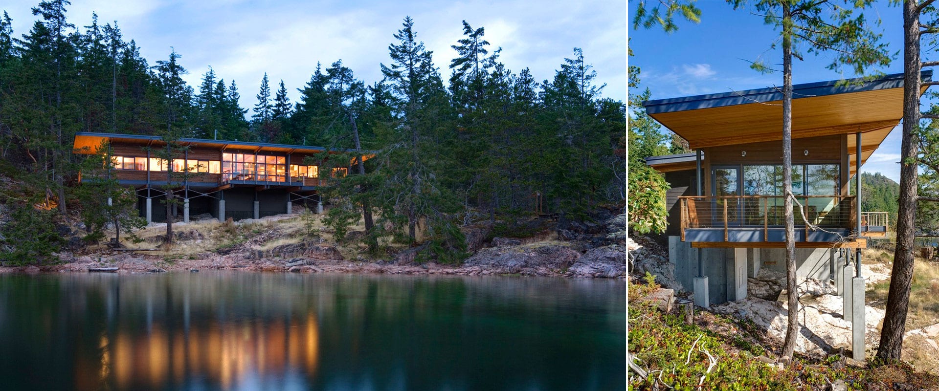 View across the water of a modern architectural home on a slope