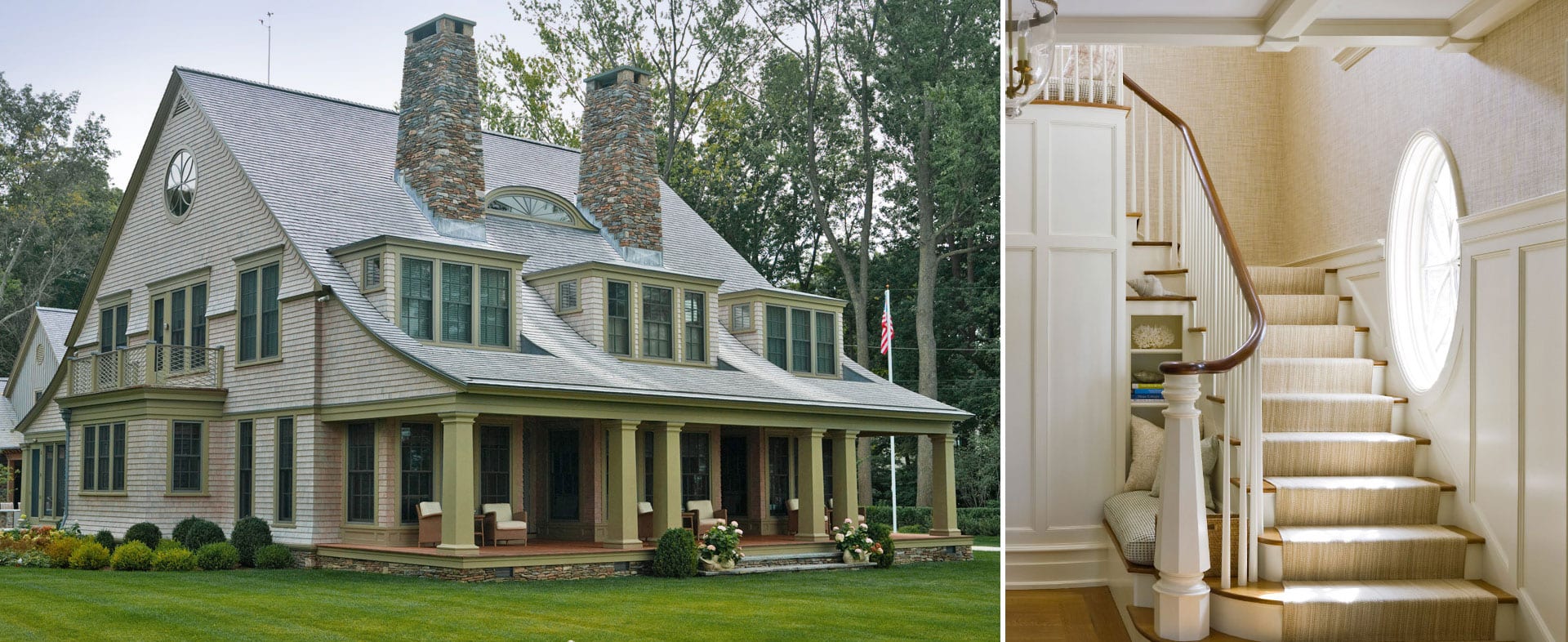 Exterior view of a shingle style home with a harbour view