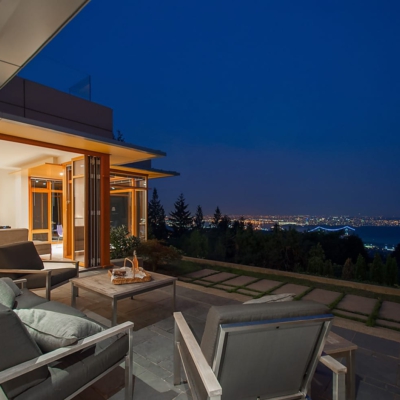 Wood bi-folds overlooking a view of Vancouver