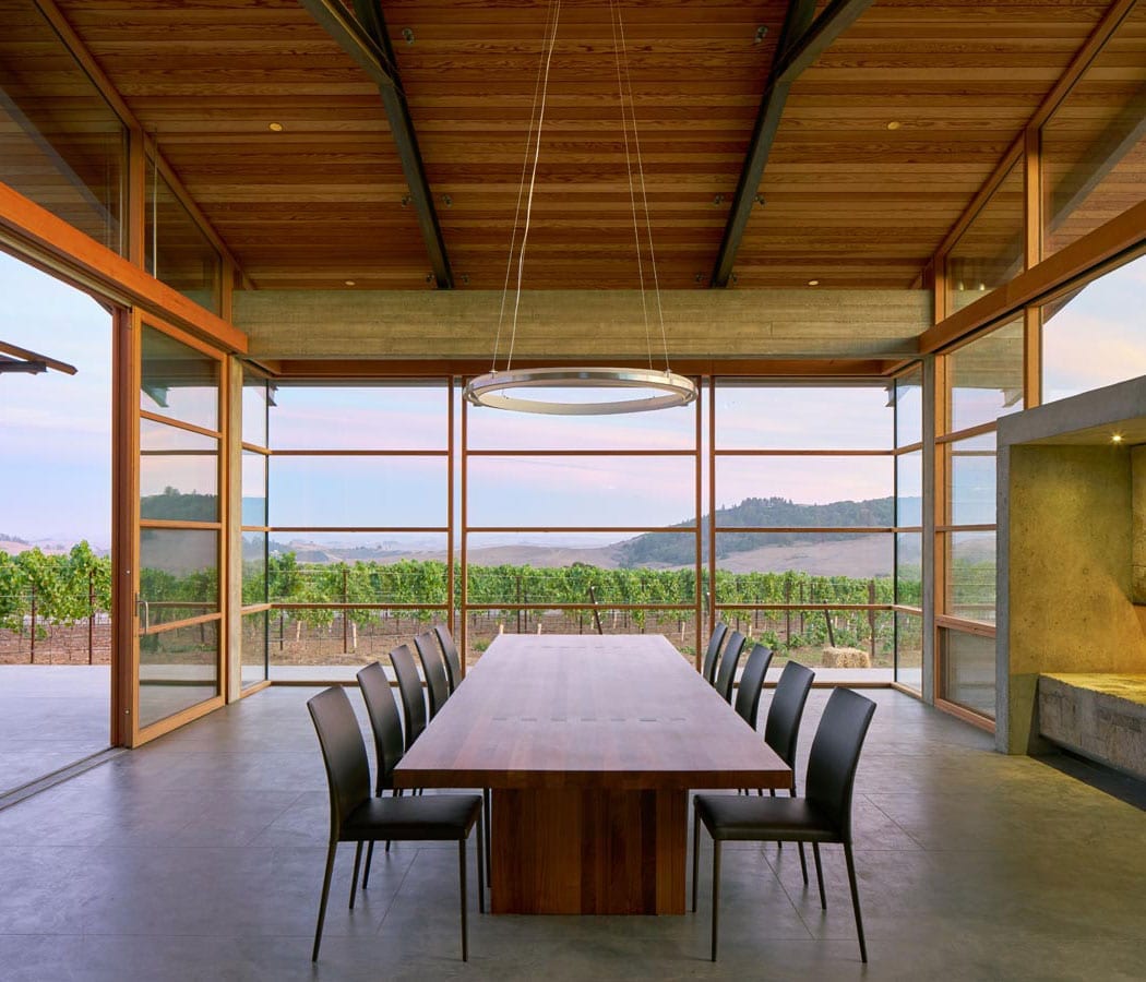 Wood window wall overlooking winery