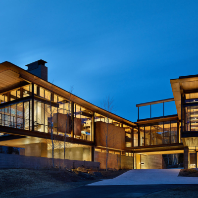 Modern windows night lit in modern mountain home