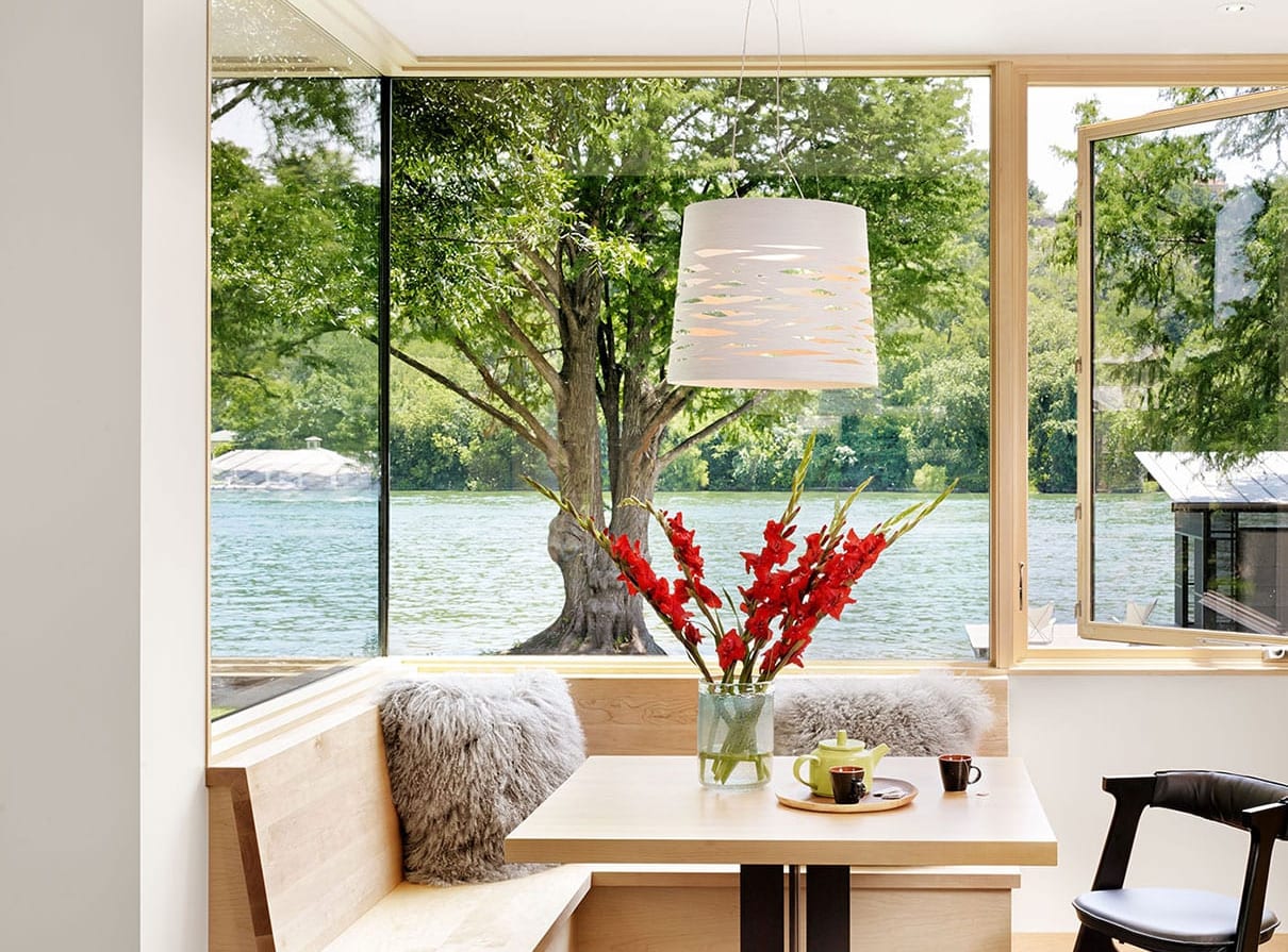 Corner wood storefront window in breakfast nook - Hog Pen Creek Residence