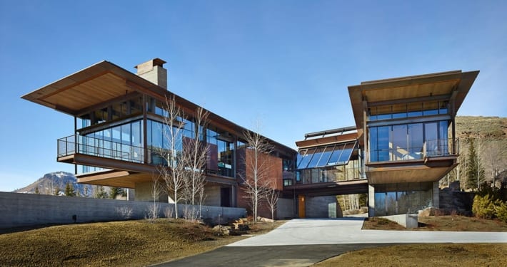 Architectural windows in panoramic modern mountain home