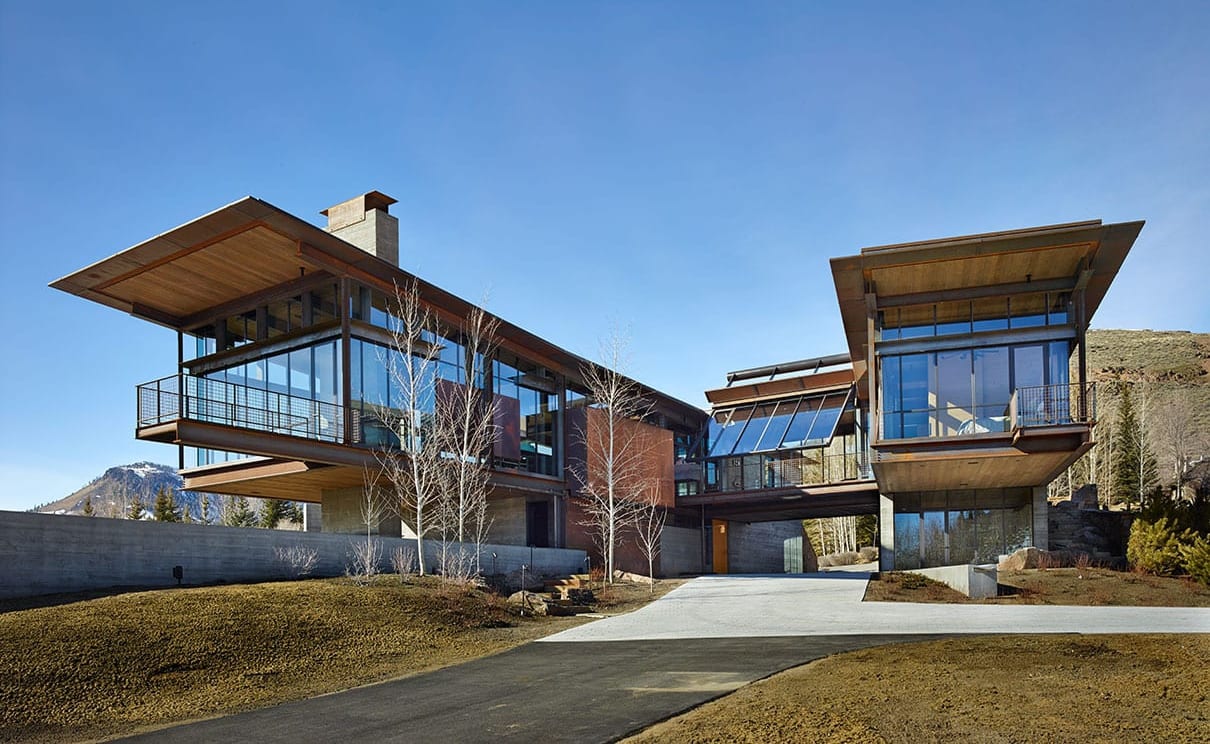 Architectural windows in panoramic modern mountain home