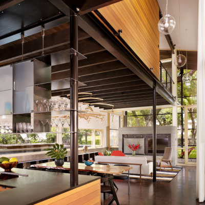 Kitchen view of modern lakefront home