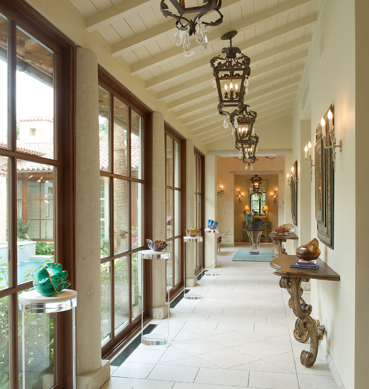 Traditional wood true divided lite windows in hallway