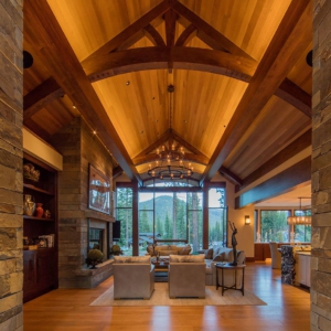 Wood clad bronze residential storefront window in living area