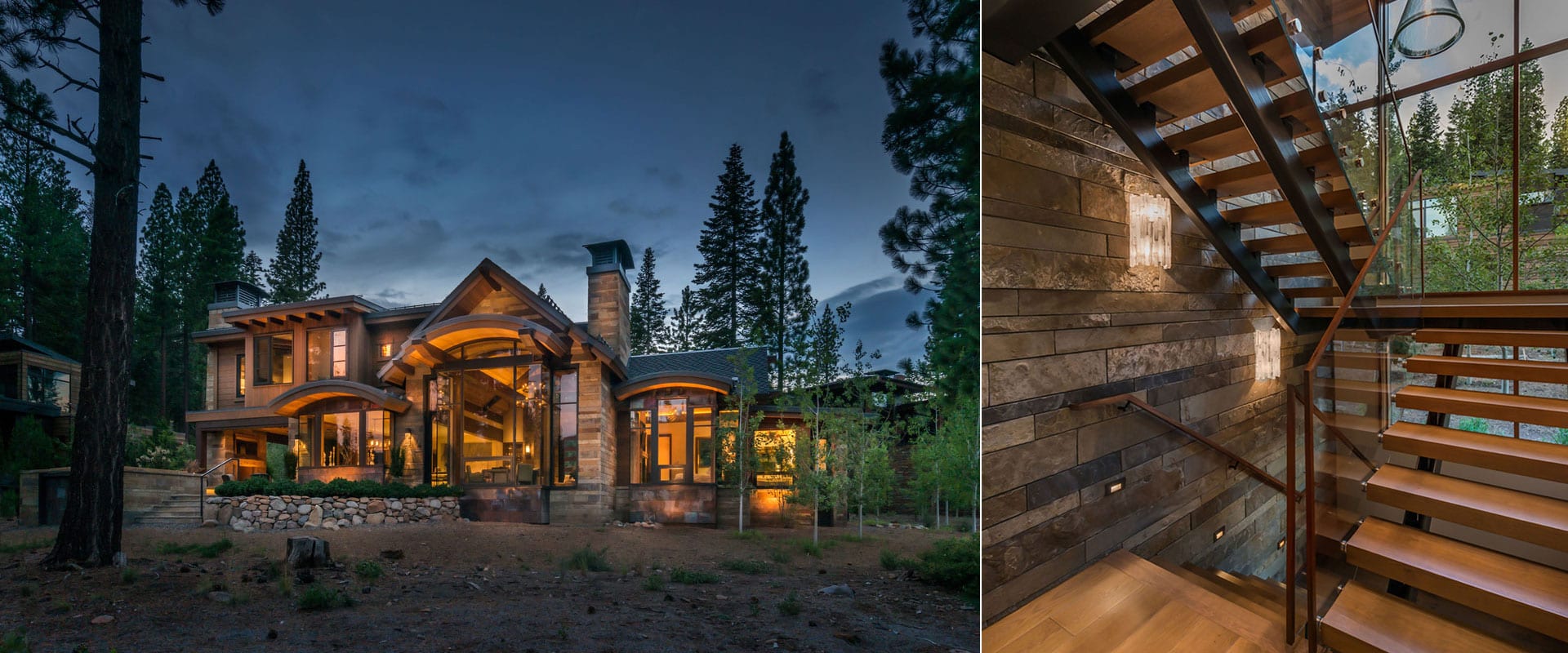 Exterior night view of modern mountain home with tall wood windows